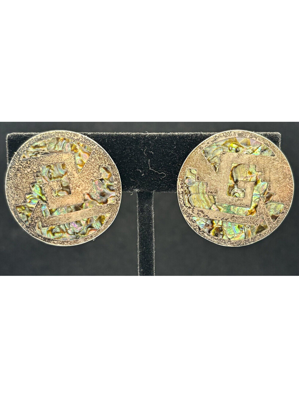 Vintage Taxco Sterling Abalone Screw Back Earrings Signed HJA 925 29mm